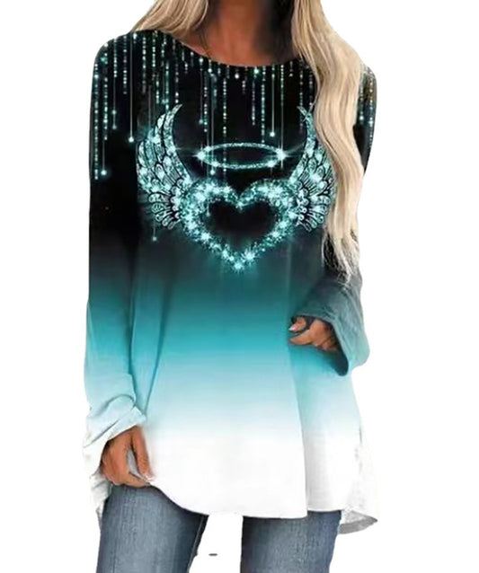 Camiseta de manga larga con cuello redondo y estampado de corazón para mujer de otoño