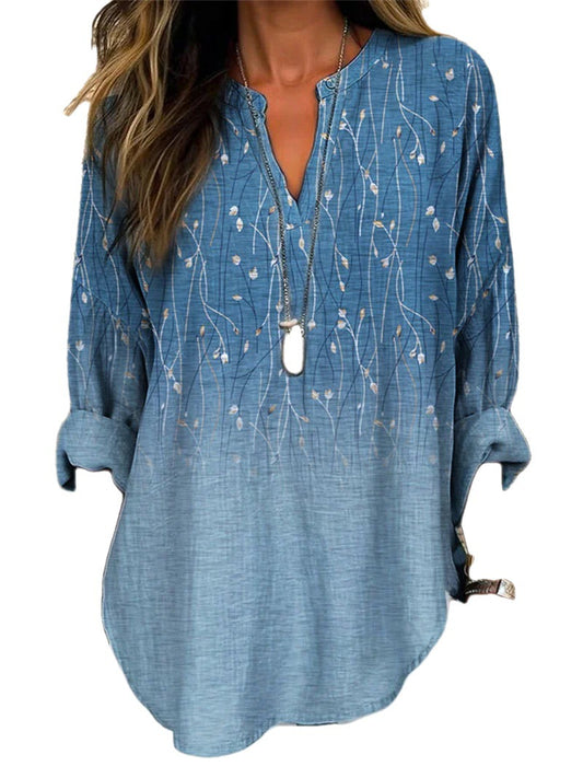 Camisa suelta de manga larga con cuello alto y estampado de rayas y flores