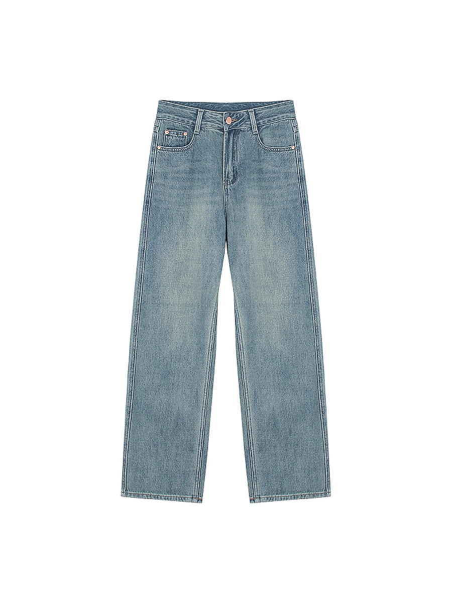 Pantalones rectos de cintura alta y adelgazantes para mujer de color azul