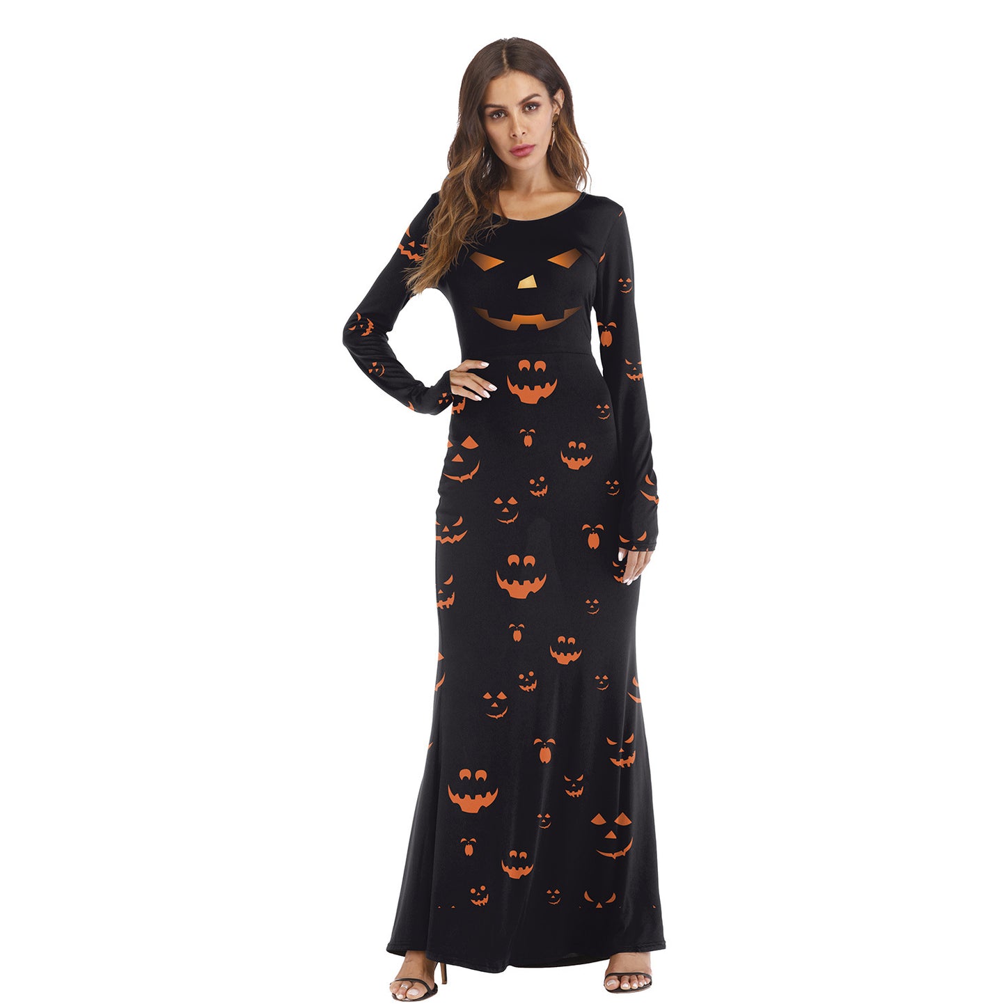 Vestido de mujer con estampado digital de calabaza, manga larga, cuello redondo y estampado largo