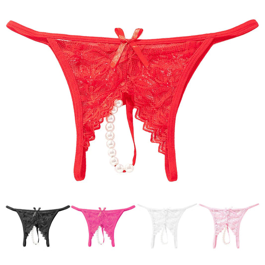 Women's Pearl Massage G-String Open Crotch Thong Panties