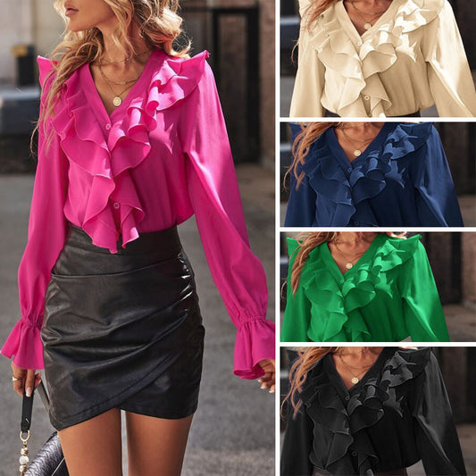 Camisa de mujer con escote en V y volantes