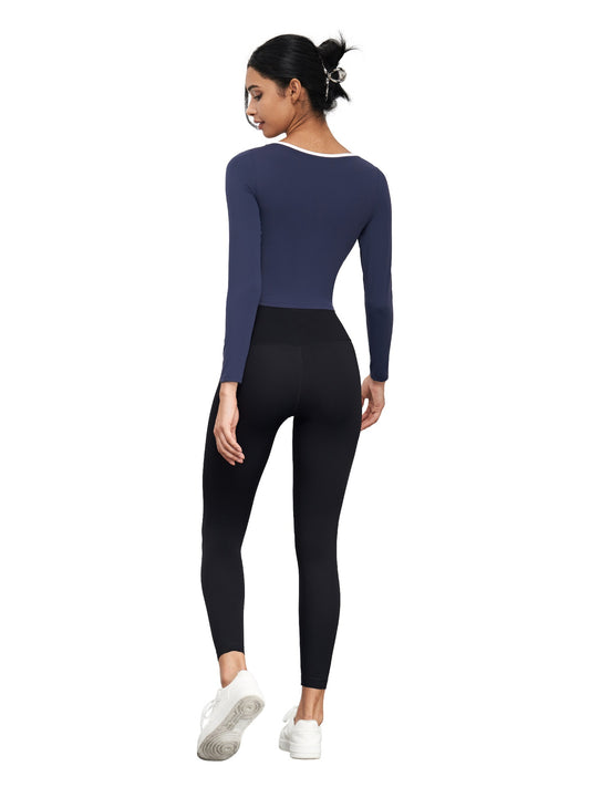 Ropa de yoga de manga larga con escote en V y contraste de color informal para mujer
