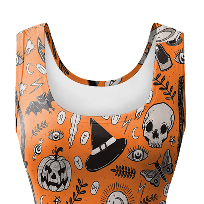 Women's Sleeveless Pumpkin Skull Halloween Dress