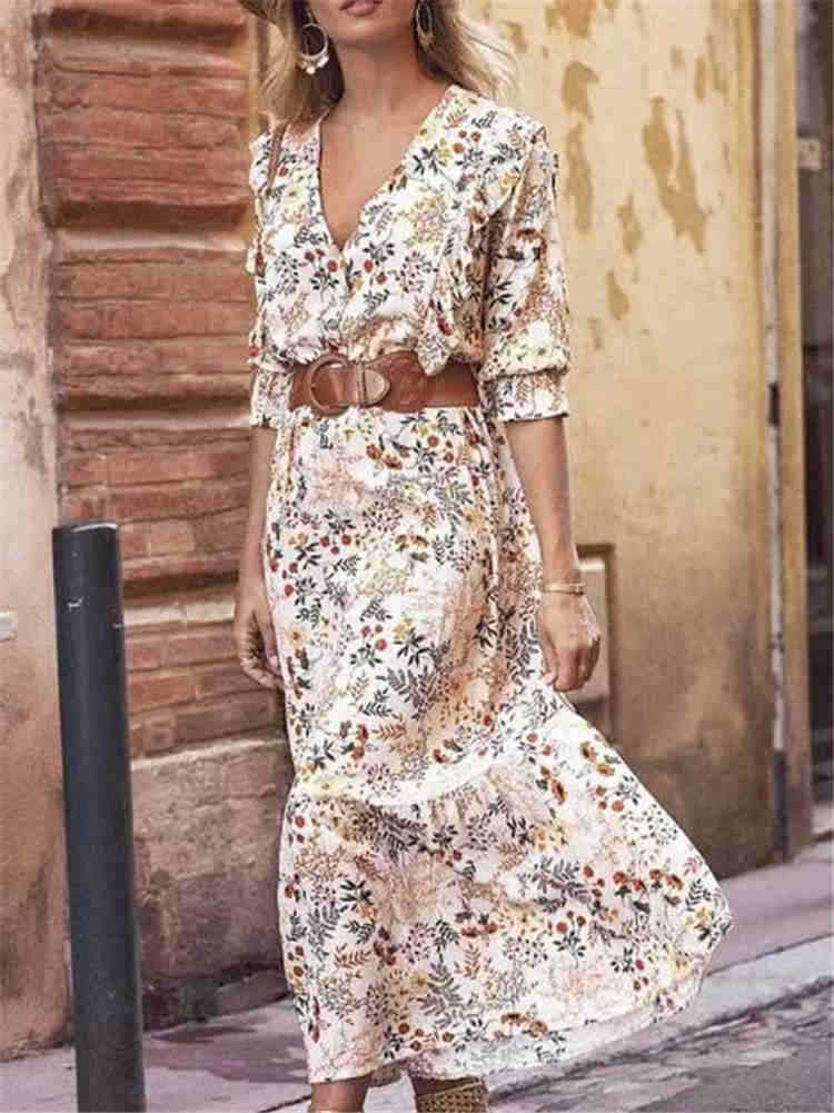 Vestido con escote en V y estampado floral de manga larga en color beige