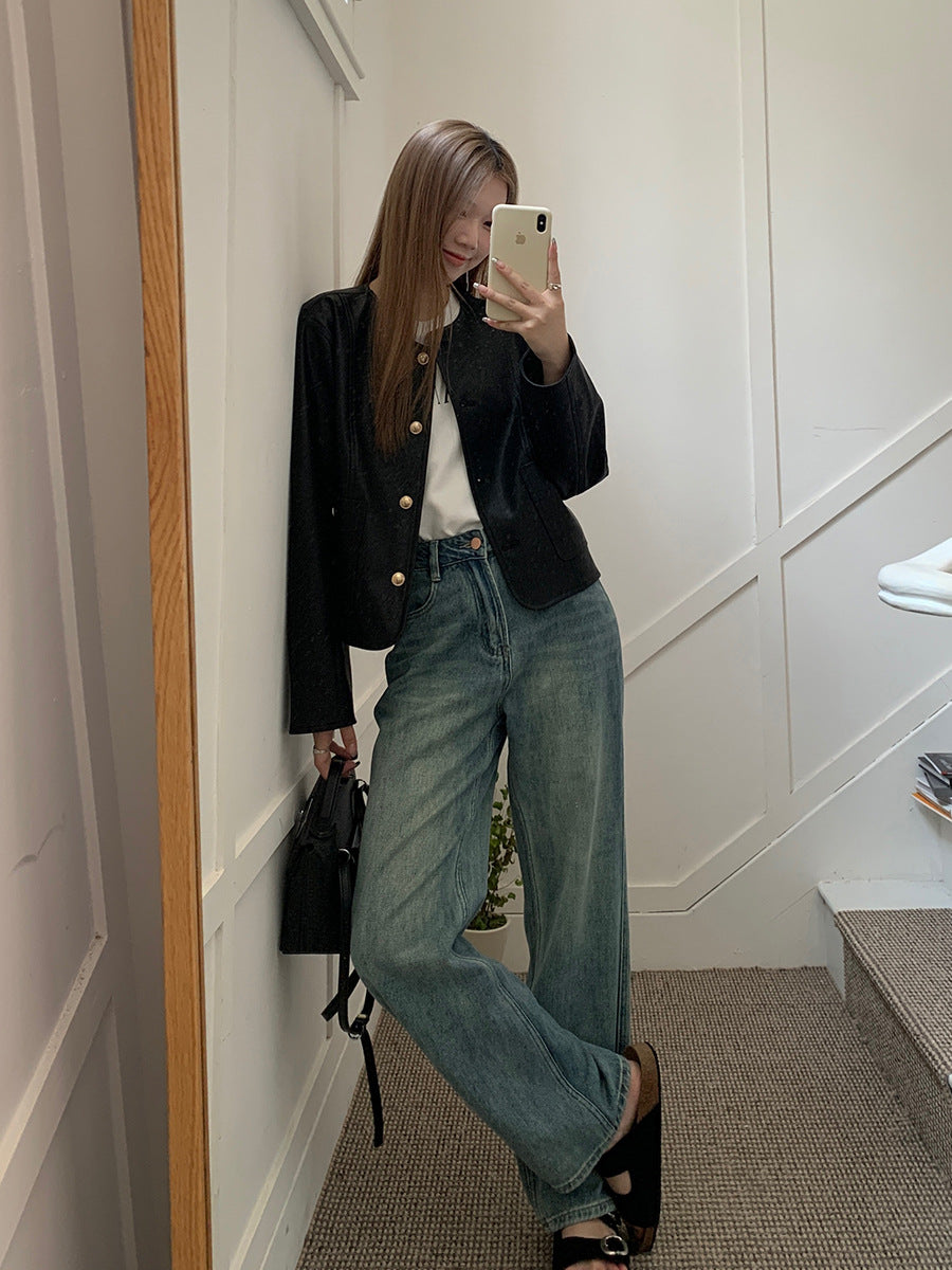 Pantalones rectos de cintura alta y adelgazantes para mujer de color azul