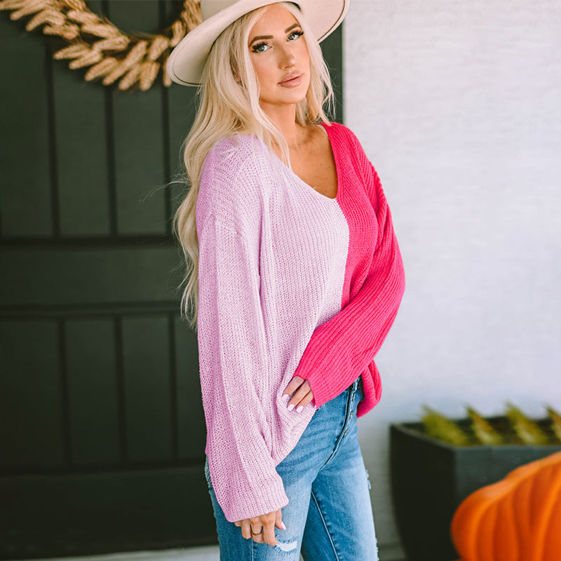 Suéter de mujer de manga larga con cuello en V y colores contrastantes