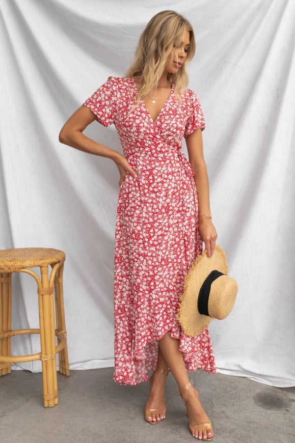 Vestido tipo cárdigan con cuello en V, manga corta y cordones, estampado de moda para mujer