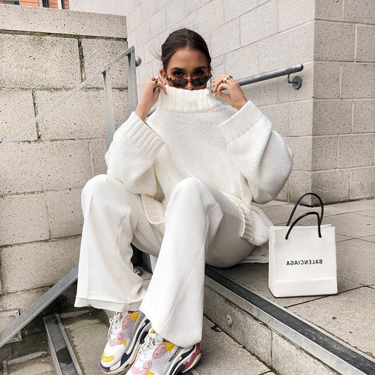 Suéter de manga larga y cuello alto de color liso a la moda para mujer
