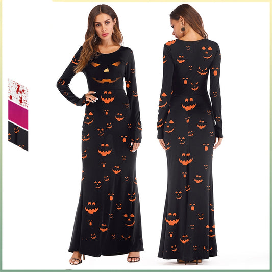 Vestido de mujer con estampado digital de calabaza, manga larga, cuello redondo y estampado largo