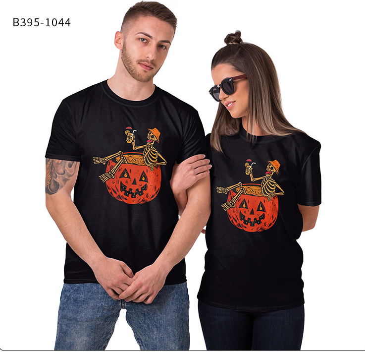 Pumpkin Skeleton Round Neck Short Sleeve T-Shirt
