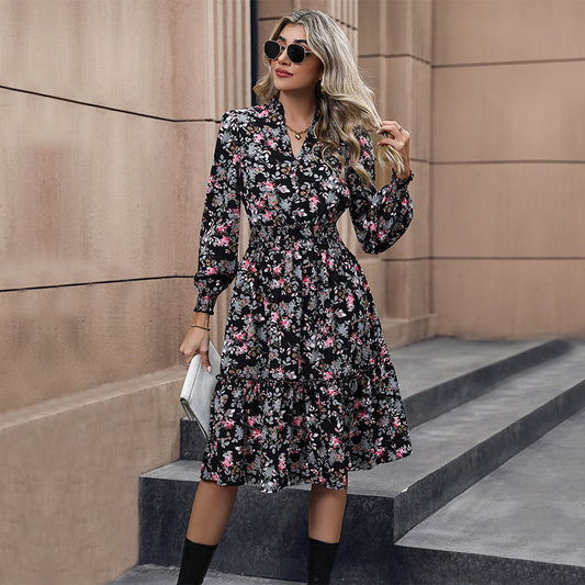 Vestido casual de manga larga con estampado floral para mujer