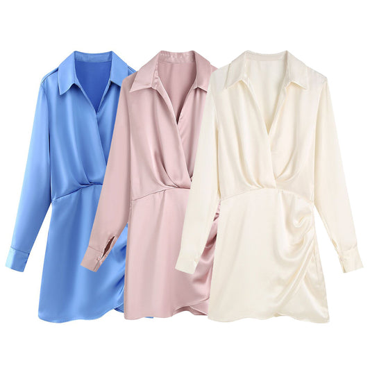 Vestido plisado de satén de seda de color liso de moda para mujer