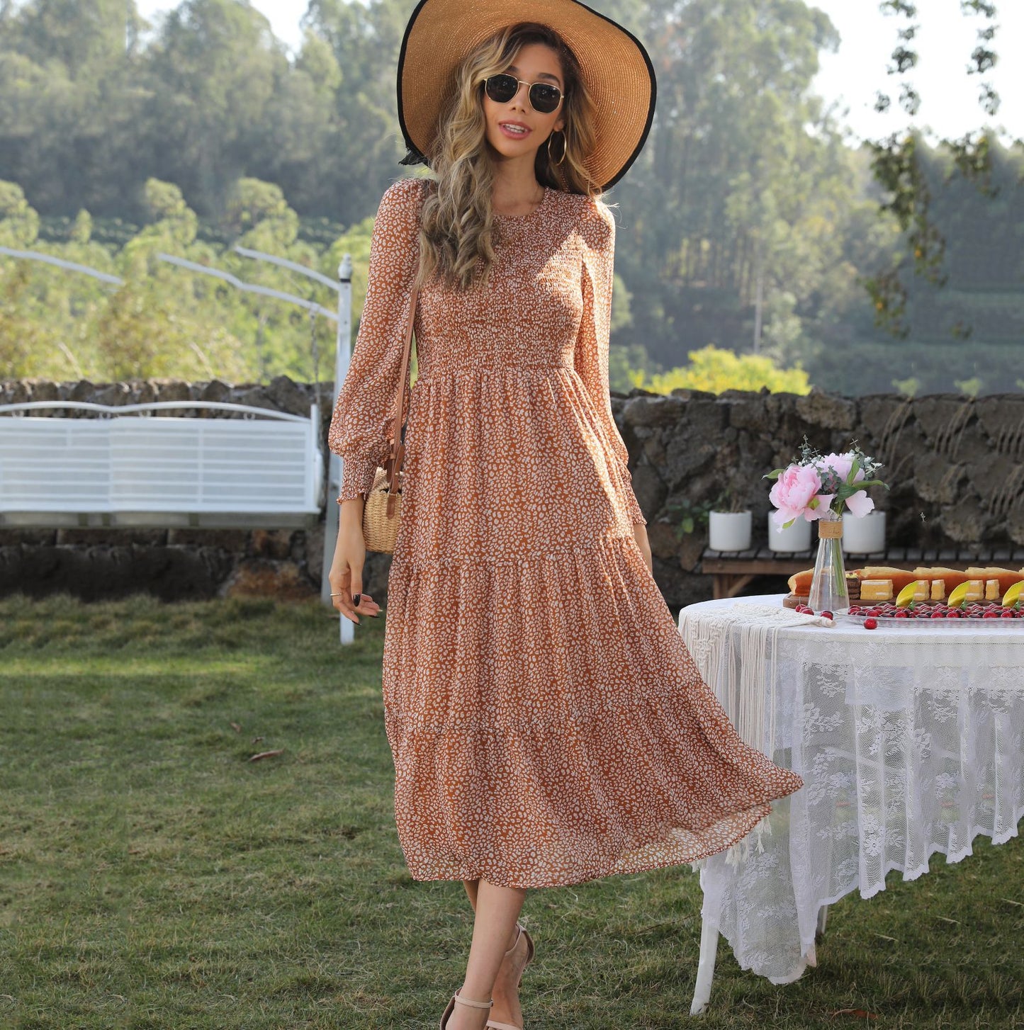 Vestido largo de vacaciones con cintura alta y corte A para mujer