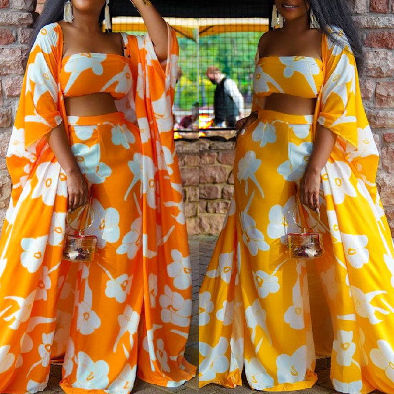 Traje de tres piezas con pantalones anchos y estampados de moda para mujer