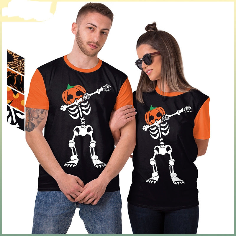 Pumpkin Skeleton Round Neck Short Sleeve T-Shirt