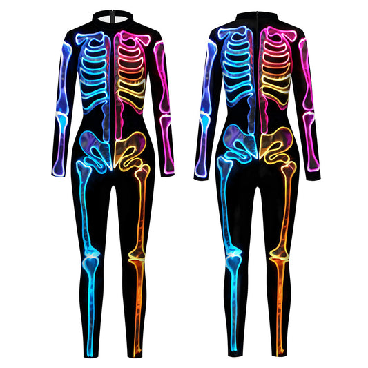 Colorful Halloween Skeleton Long Sleeve Women's Bodysuit