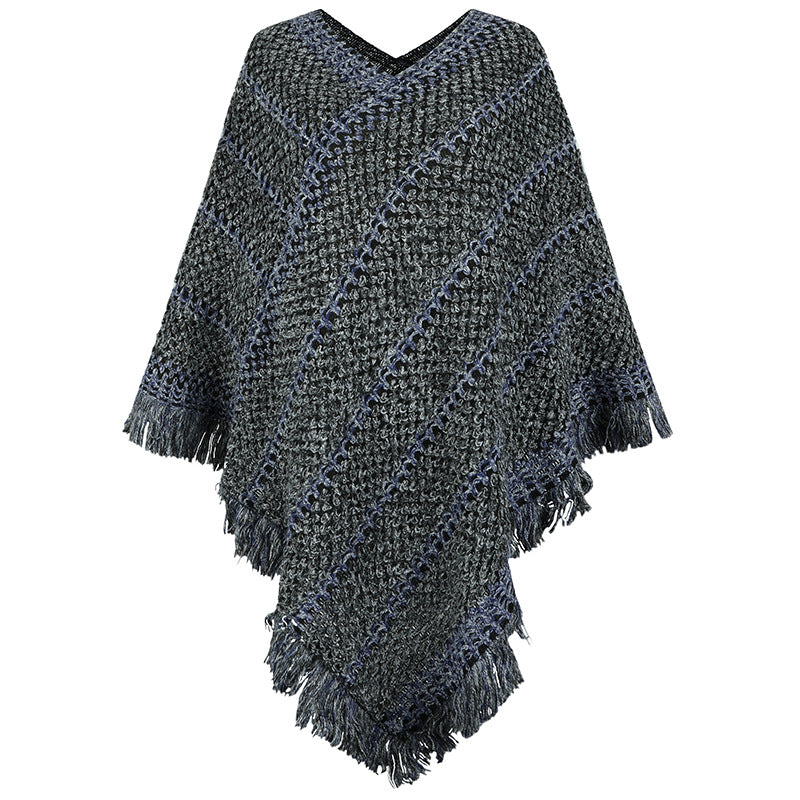 Contrast Color Striped Ethnic Style Tassel Pullover Cloak Shawl