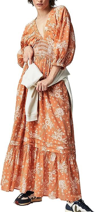 Vestido largo con cuello en V, estampado y mangas abullonadas