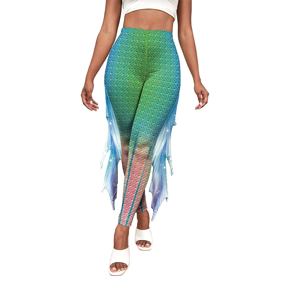 Pantalones con realce de cadera y estampado digital de sirena con aletas de colores