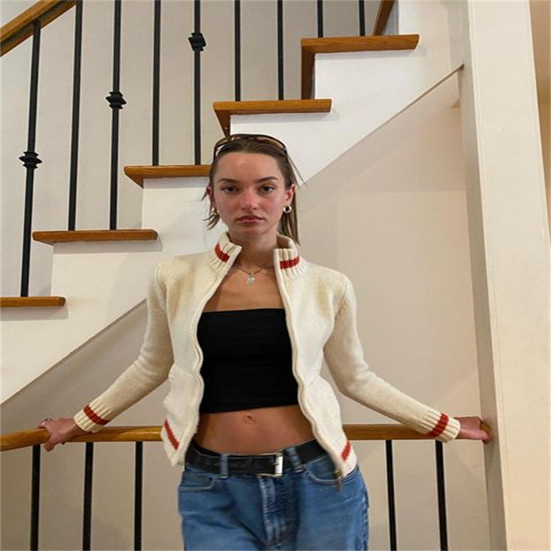 Suéter de punto de color contrastante de estilo deportivo de moda para mujer