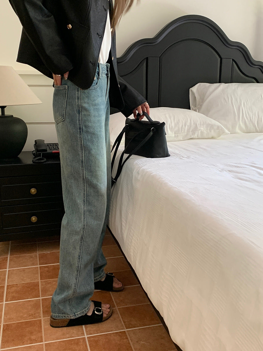 Pantalones rectos de cintura alta y adelgazantes para mujer de color azul