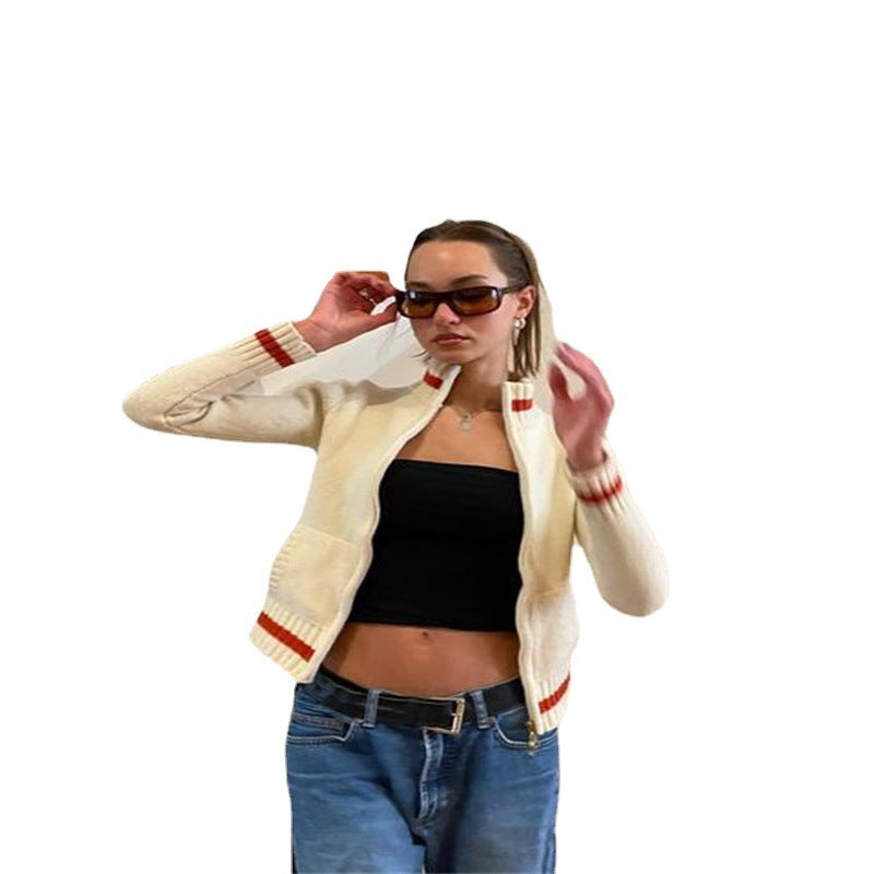 Suéter de punto de color contrastante de estilo deportivo de moda para mujer