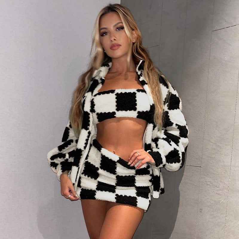 Women's Black And White Plaid Outfit Set