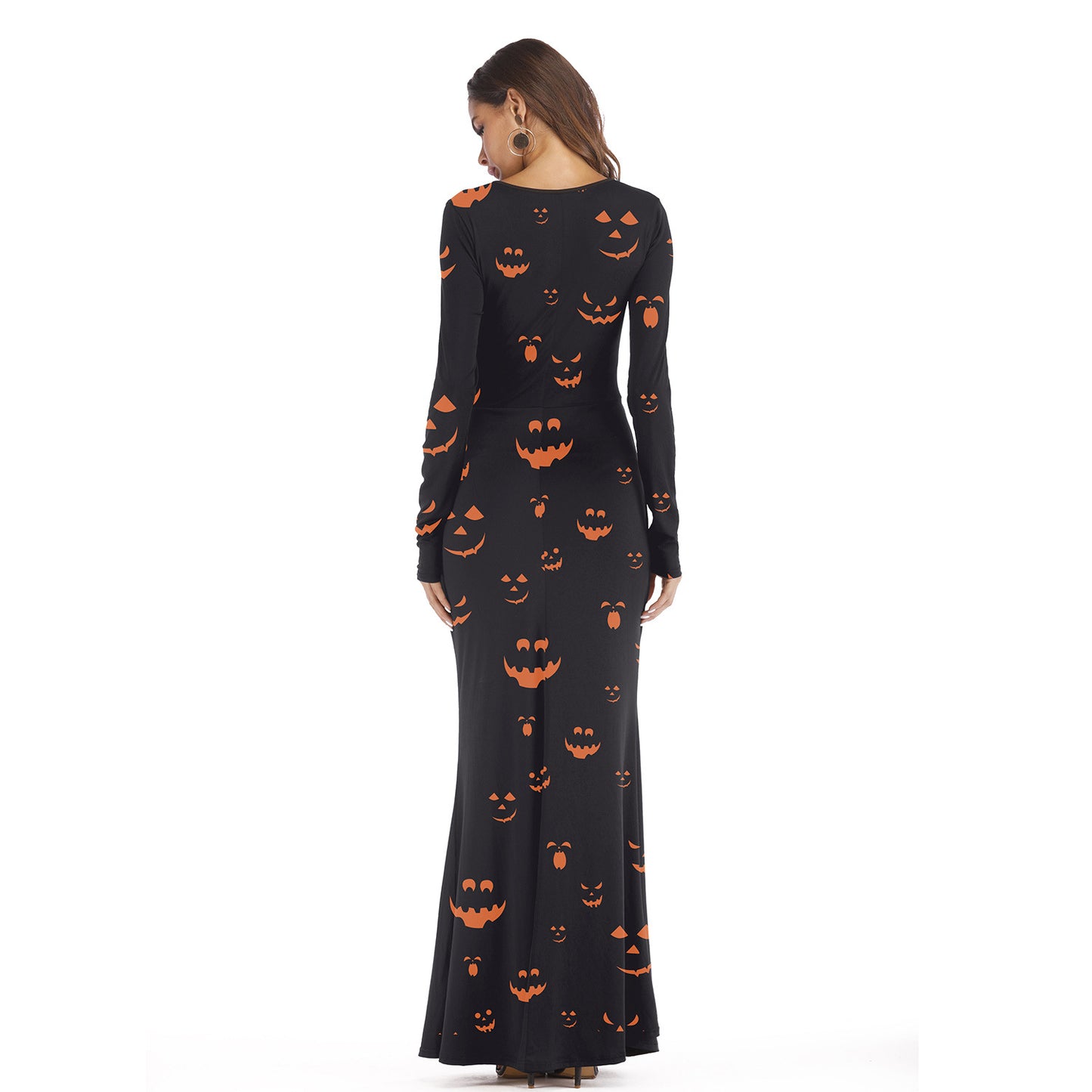 Vestido de mujer con estampado digital de calabaza, manga larga, cuello redondo y estampado largo