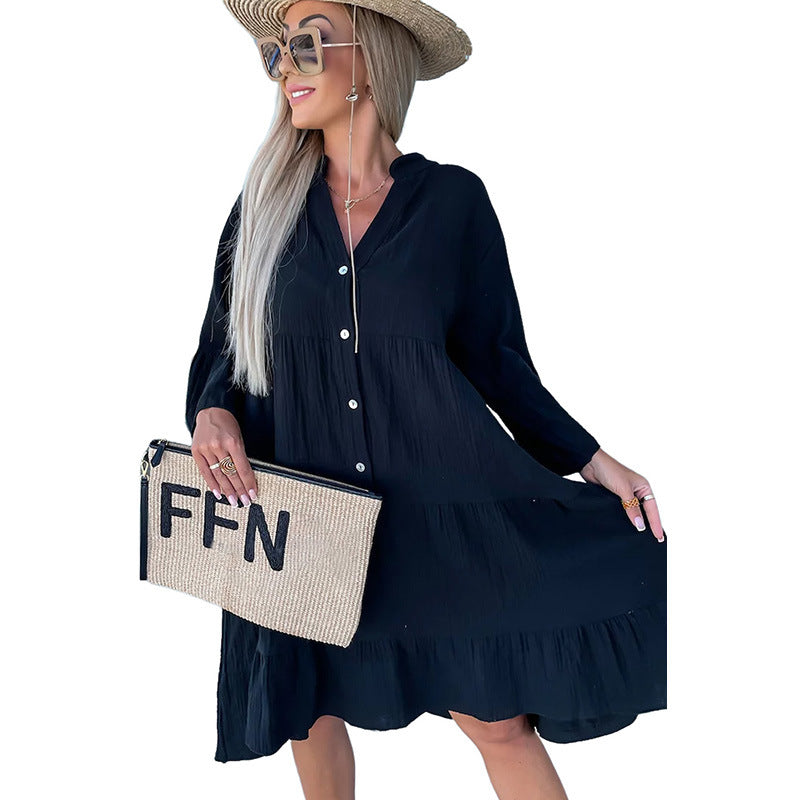 Vestido camisero de color liso para mujer, sencillo, plisado y suelto