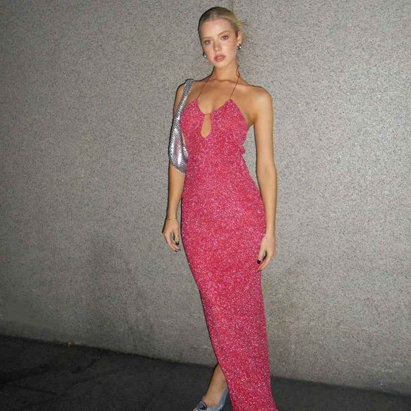 Bright Silk Suspender Backless Sheath Dress