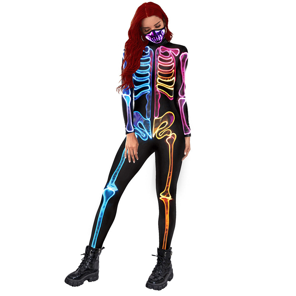 Colorful Halloween Skeleton Long Sleeve Women's Bodysuit