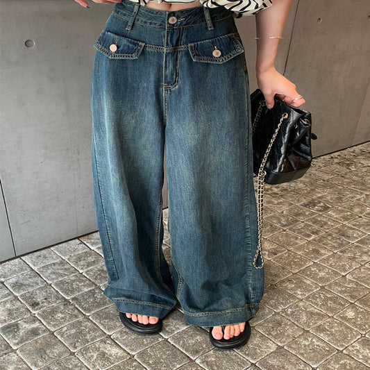 Pantalones vaqueros retro con bolsillos falsos y cintura alta para mujer