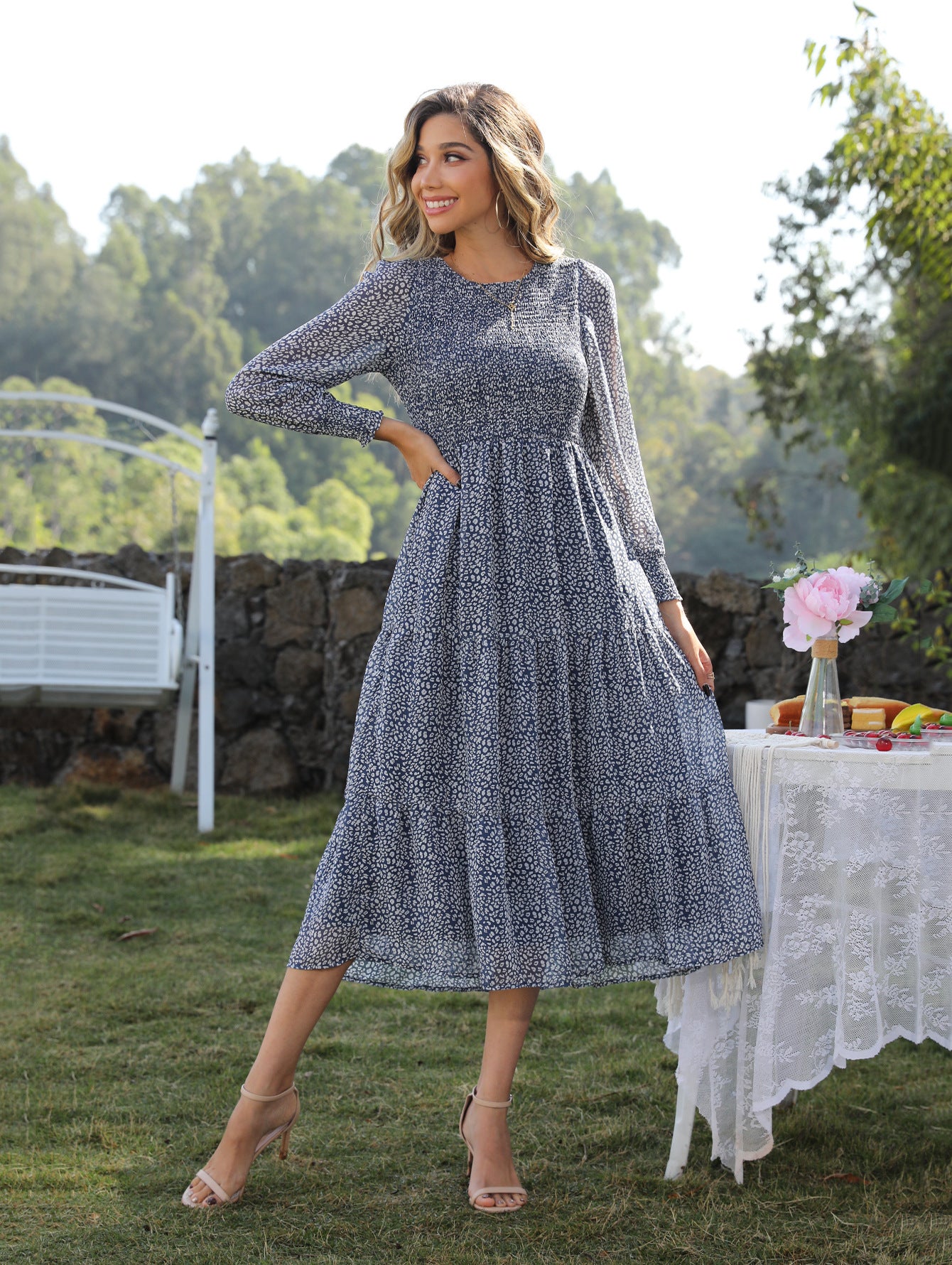Vestido largo de vacaciones con cintura alta y corte A para mujer