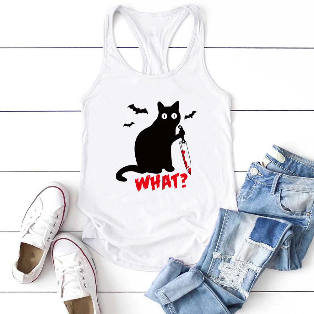 Camisa estampada con gato gótico, cuchillo y murciélago