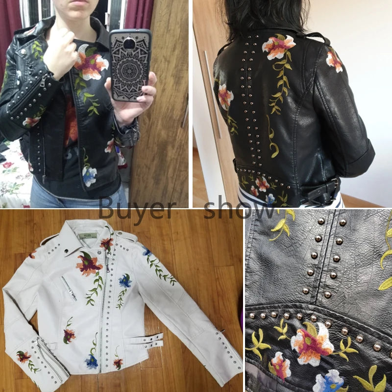 Women's Floral Print Faux Soft Leather Jacket