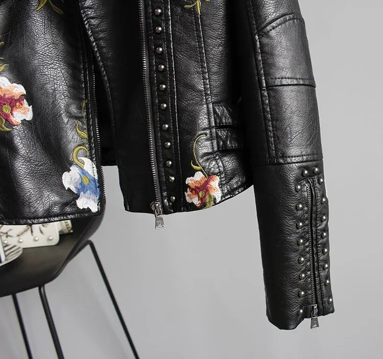 Women's Floral Print Faux Soft Leather Jacket