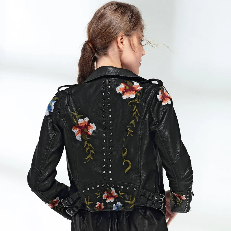 Women's Floral Print Faux Soft Leather Jacket