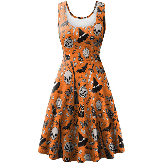 Women's Sleeveless Pumpkin Skull Halloween Dress