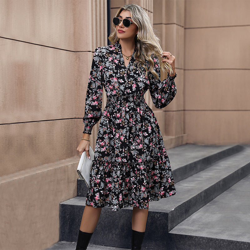 Vestido casual de manga larga con estampado floral para mujer