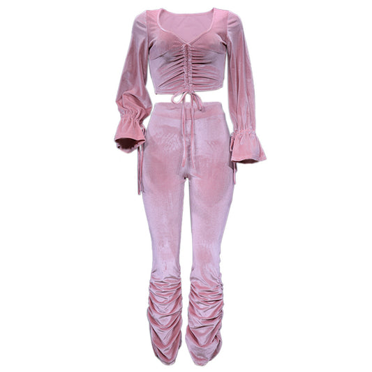 Women's Midriff-baring Long Sleeve Top Two-piece Suit