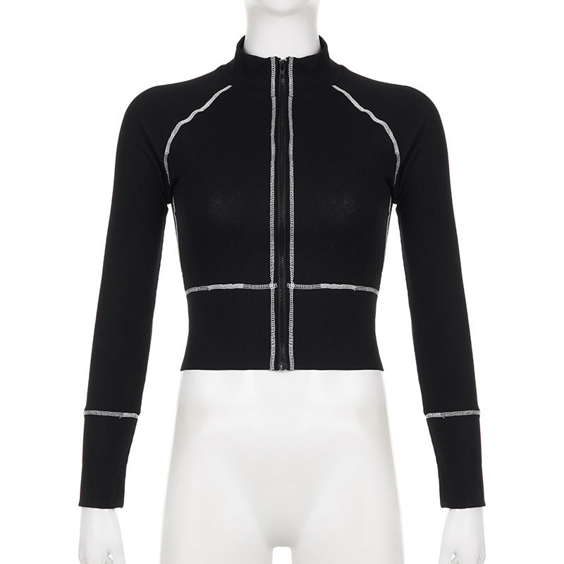 Camisa de manga larga ajustada con cremallera y contraste de color informal a la moda para mujer