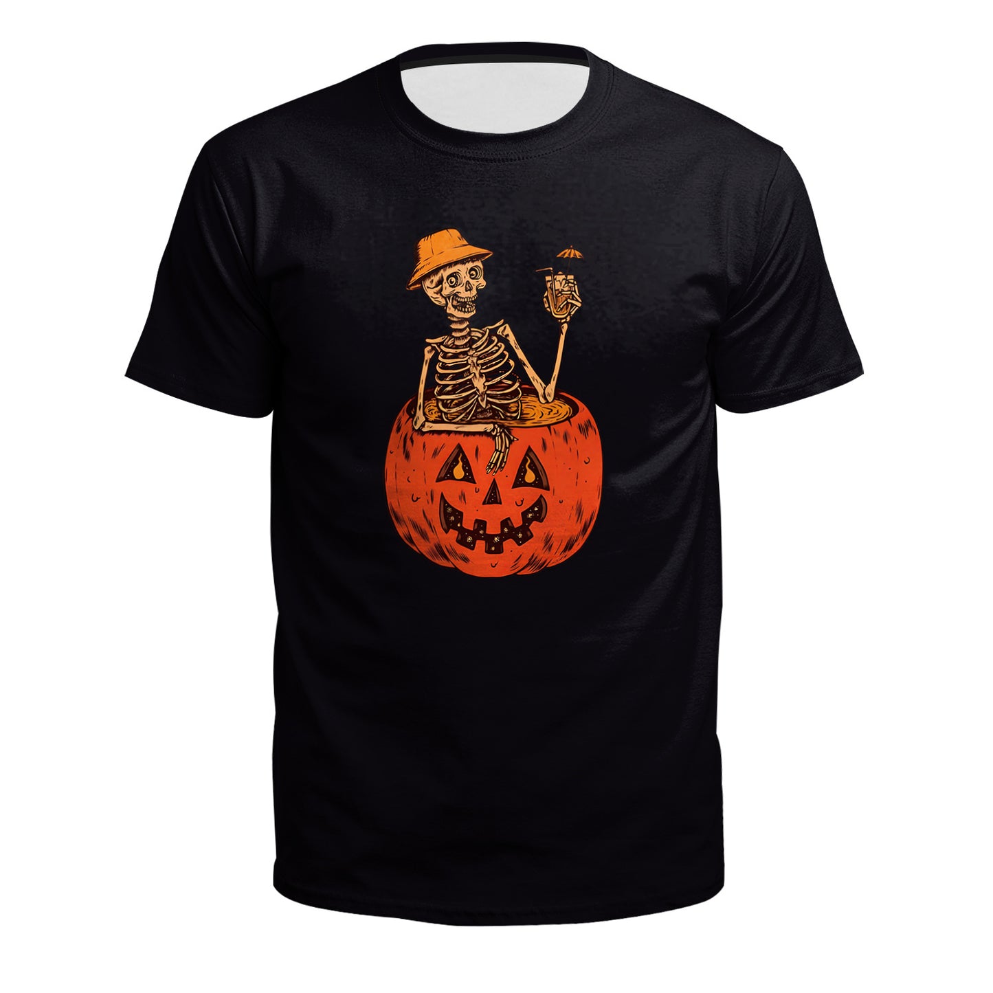 Pumpkin Skeleton Round Neck Short Sleeve T-Shirt