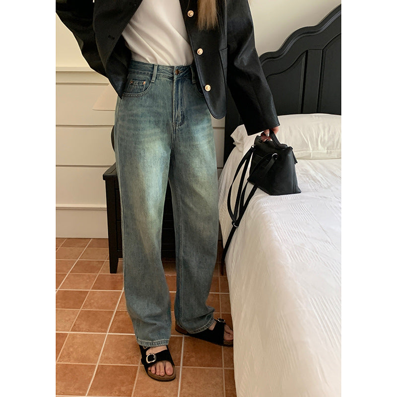 Pantalones rectos de cintura alta y adelgazantes para mujer de color azul