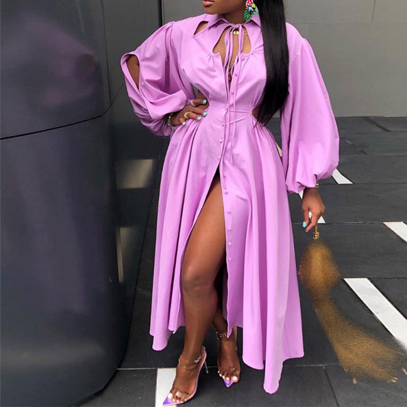 Vestido largo con cuello vuelto y cordones de diseño