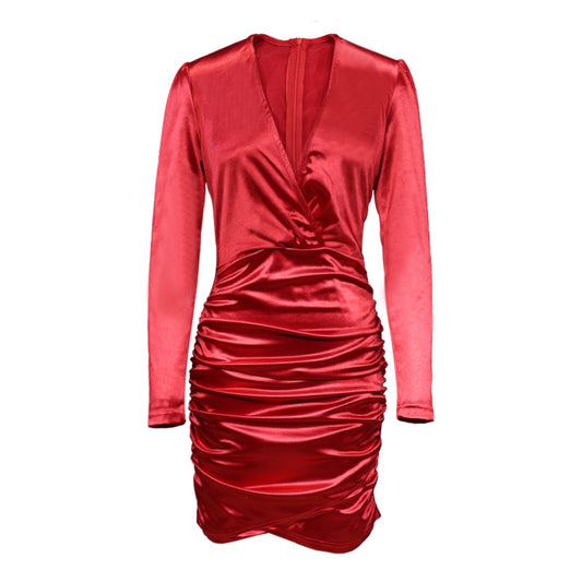 Vestido corto de manga larga con escote en V para mujer