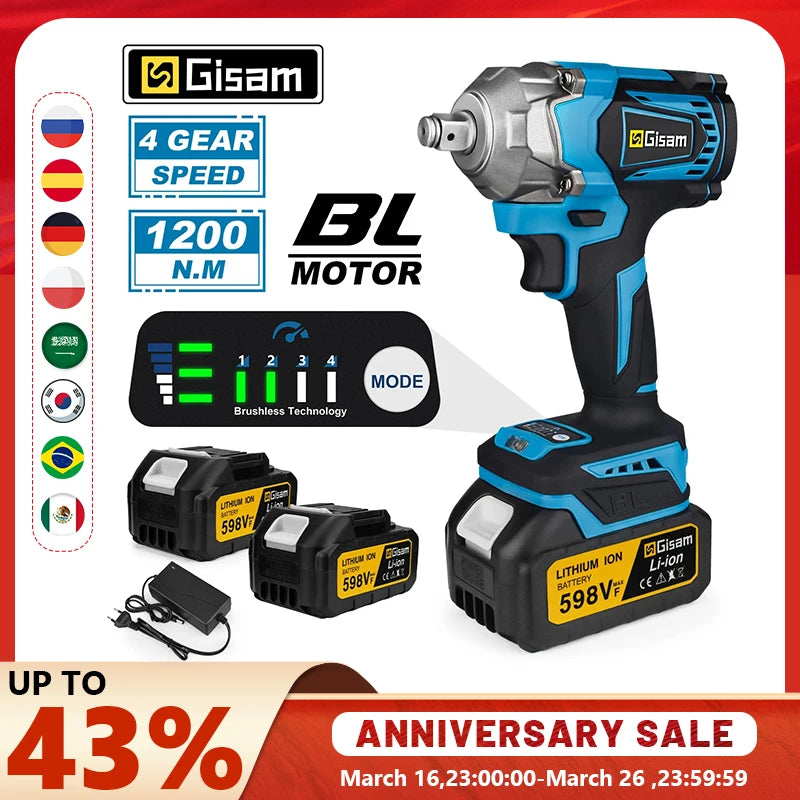 1200N.M Torque Brushless Electric Impact Wrench 1/2 Inch Cordless Electric Wrench Screwdriver Power Tools For Makita 18V Battery