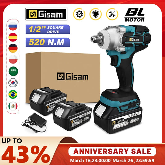 Gisam 520N.M Brushless Electric Impact Wrench Cordless Electric Wrench 1/2 inch for Makita 18V Battery Screwdriver Power Tools