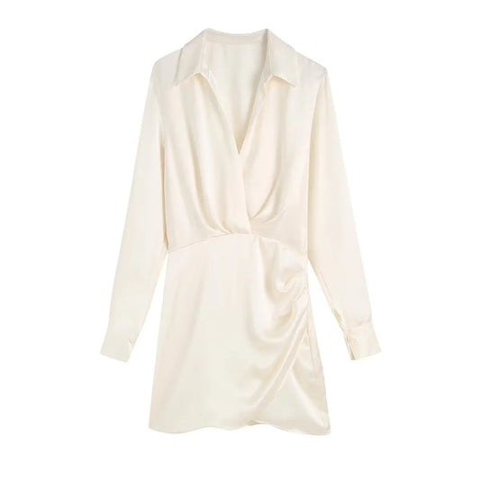 Vestido plisado de satén de seda de color liso de moda para mujer