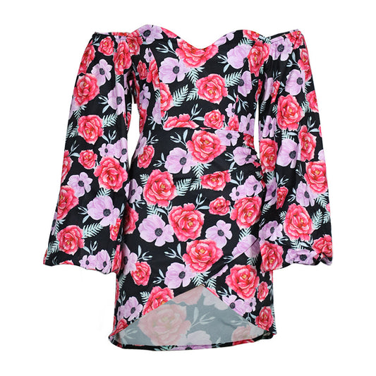 Vestido de mujer con falda y cuello cuadrado estampado